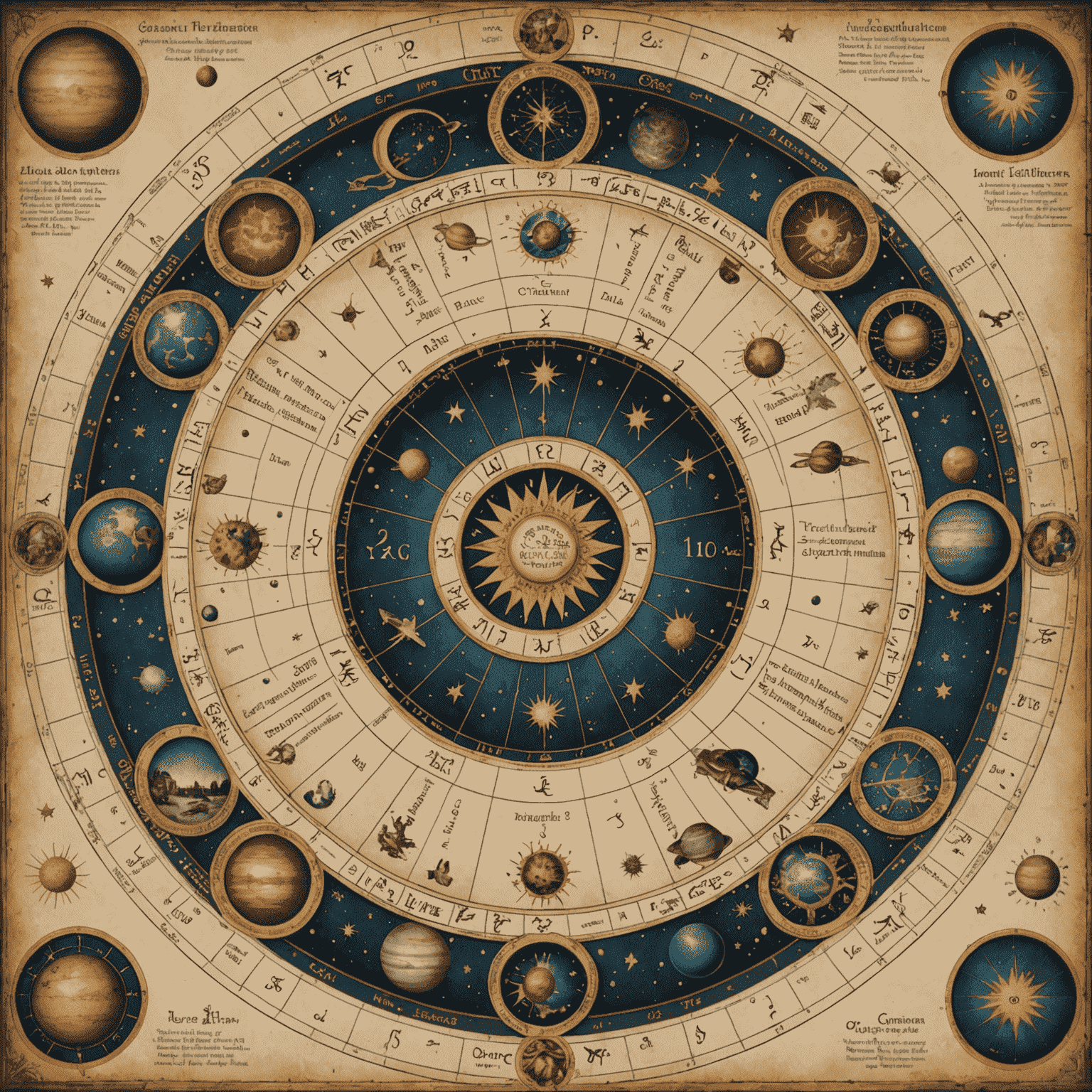 Burç işaretleri, gezegenler ve evleri gösteren detaylı bir astroloji çarkı, her biri kısa açıklamalarla etiketlenmiş